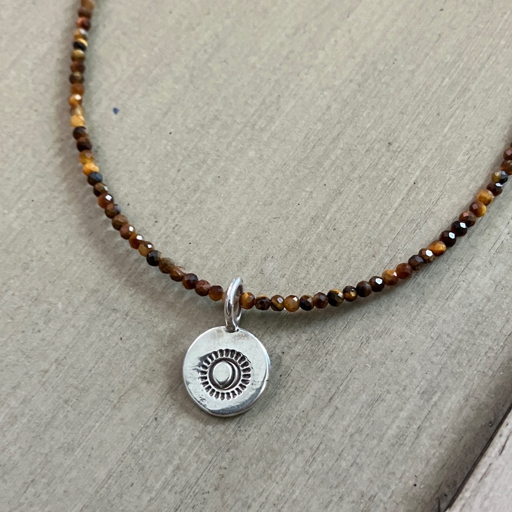 *CONSIGNED* Crescent moon charm necklace tigers eye beads 2mm 15” by Ula jewelry